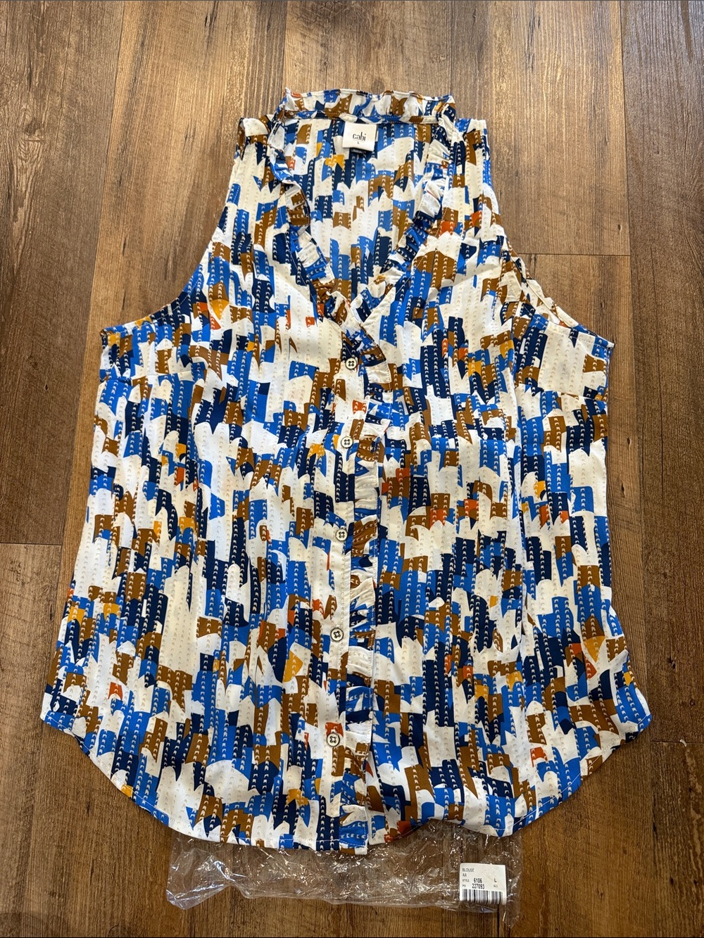 Cabi Jigsaw Top - blue and brown geometric print